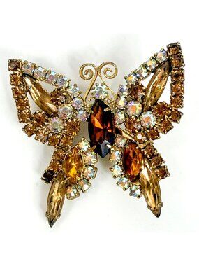 Vintage AB Amber Prong Set Rhinestones Navette Gold Tone Butterfly Brooch Pin